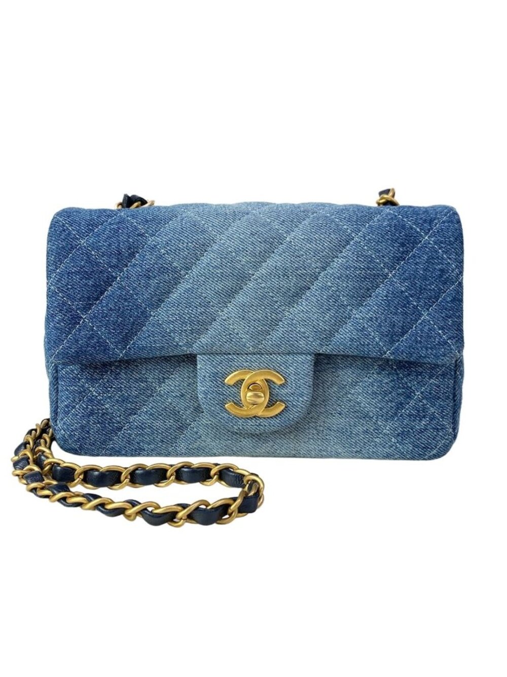 Chanel Shoulder Bag Mini Quilted Blue Chain Vintage Gold